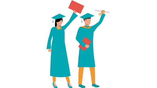 Imagen: Dos muñecos animados visten togas de graduado en los característicos colores de la Universidad de La Guajira, simbolizando éxito académico y celebrando logros educativos con alegría y estilo.