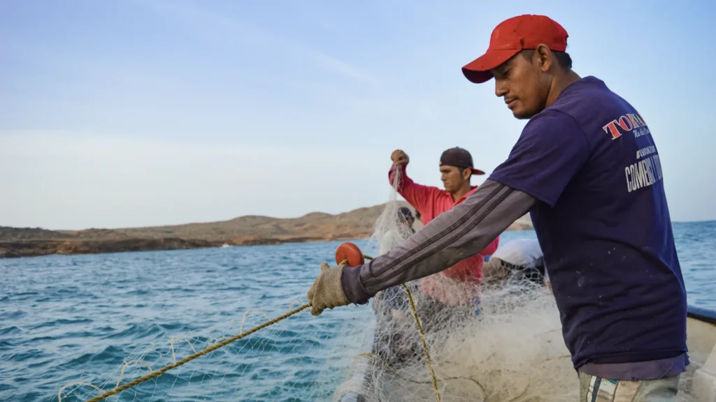 Dos hombres indígenas tirando una  red de pesca al mar