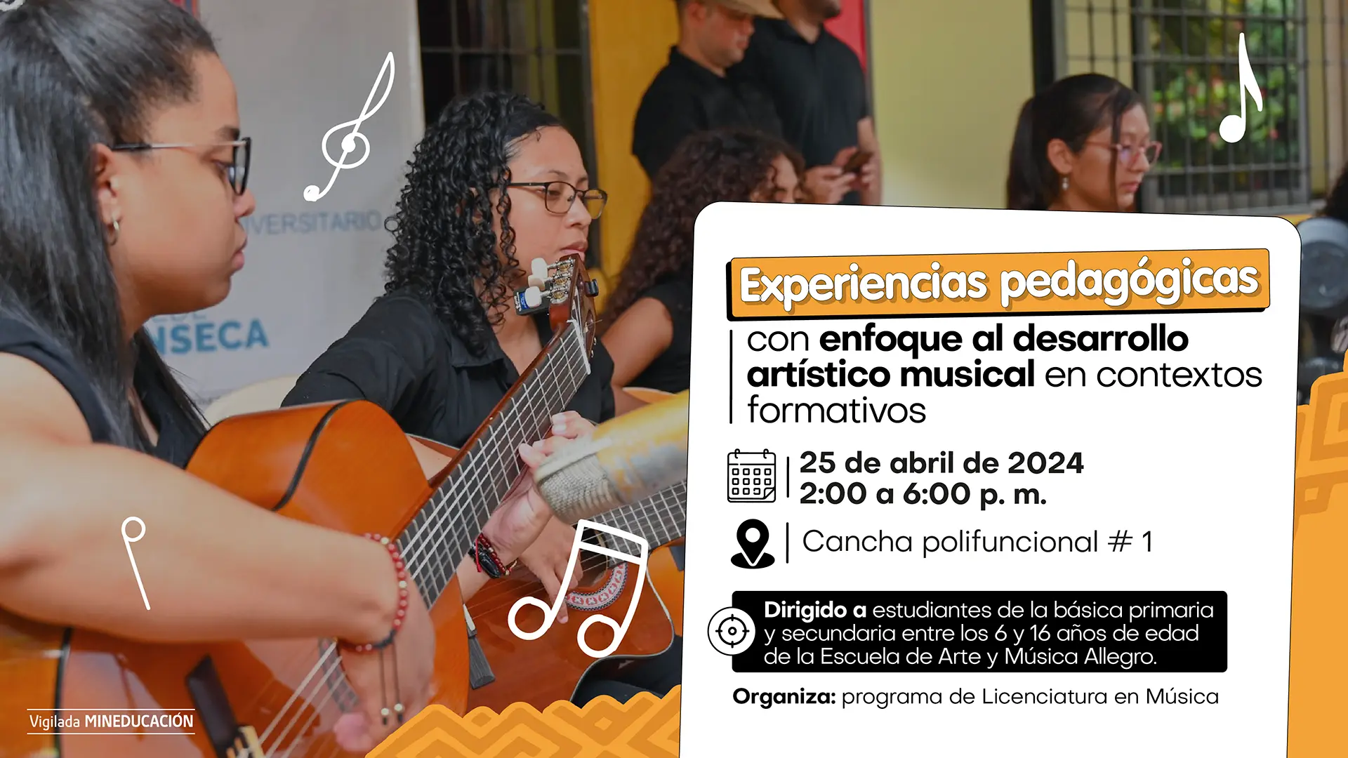 Cuatro personas con micrófono interpretando instrumentos musicales.