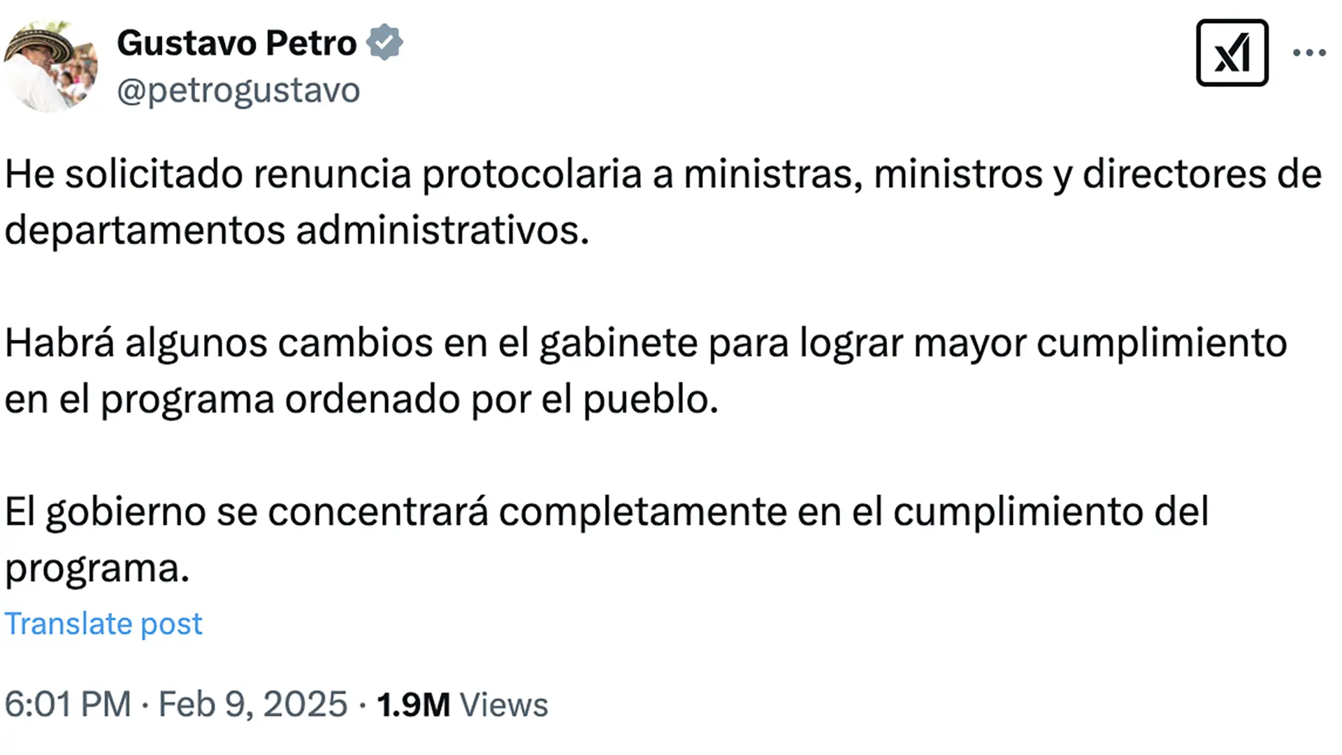 Desde esta publicación en las red social X, son varios los ministros que han presentado su carta de renuncia