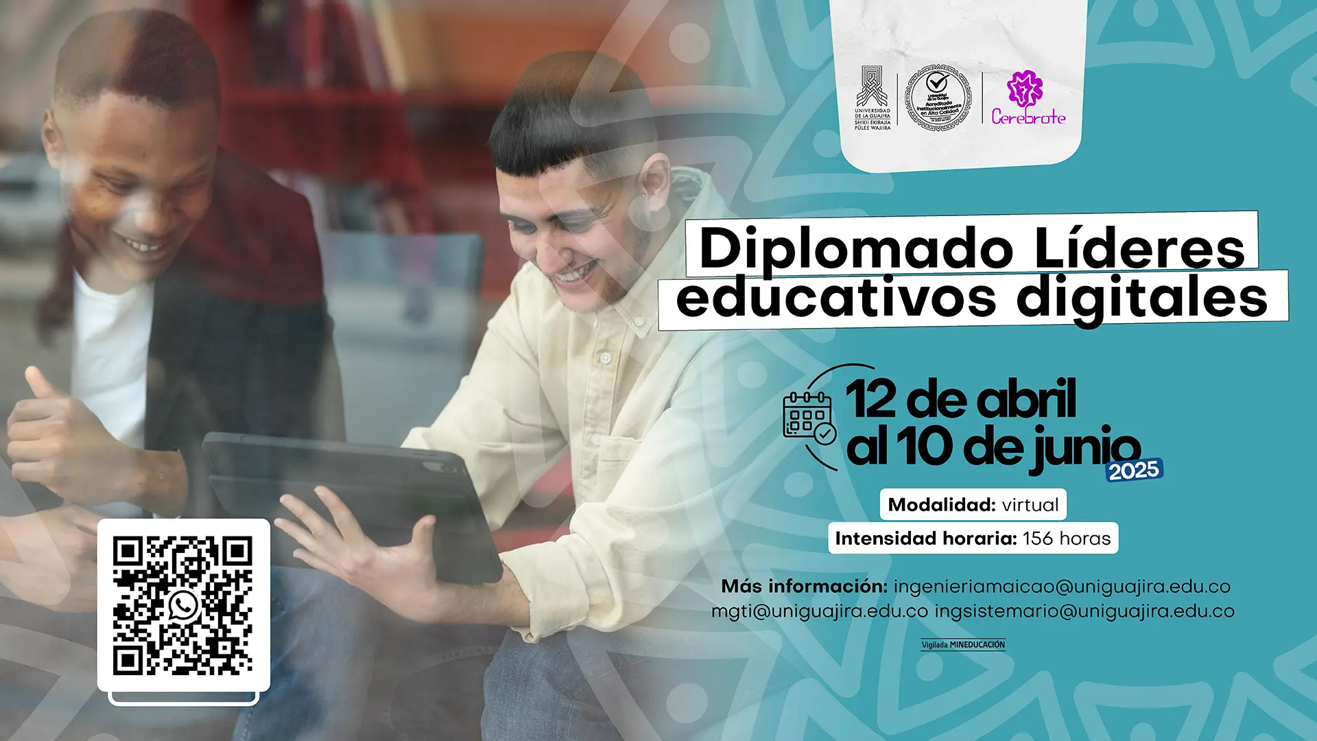 Anuncio de un diplomado de líderes educativos digitales. El cartel, con una foto de dos hombres usando una tableta y un código QR, informa que el curso de 156 horas se realizará en modalidad virtual del 12 de abril al 10 de junio de 2025.