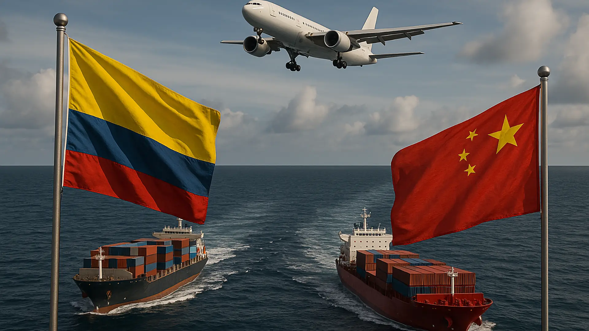 Buques de carga navegando a mar abierto, uno con contenedores rojos y otro con contenedores multicolores, flanqueados por las banderas de Colombia y China.