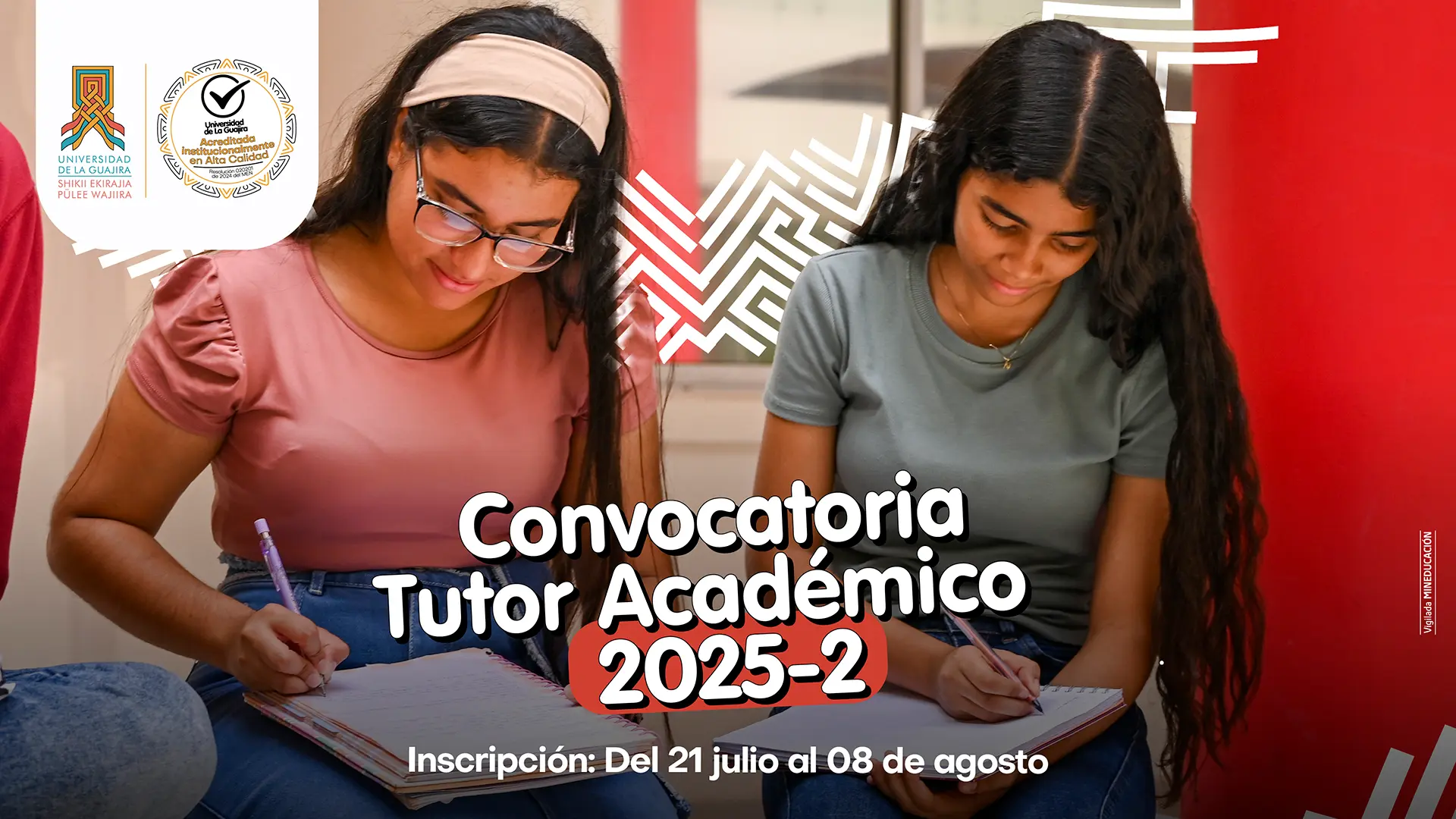 Una imagen publicitaria de la "Convocatoria Tutor Académico 2025-2". Se muestra a dos jóvenes con cabello largo y oscuro, sentadas y concentradas escribiendo en sus cuadernos. La inscripción es del 21 de julio al 08 de agosto. Los logotipos de la institución están en la esquina superior izquierda.