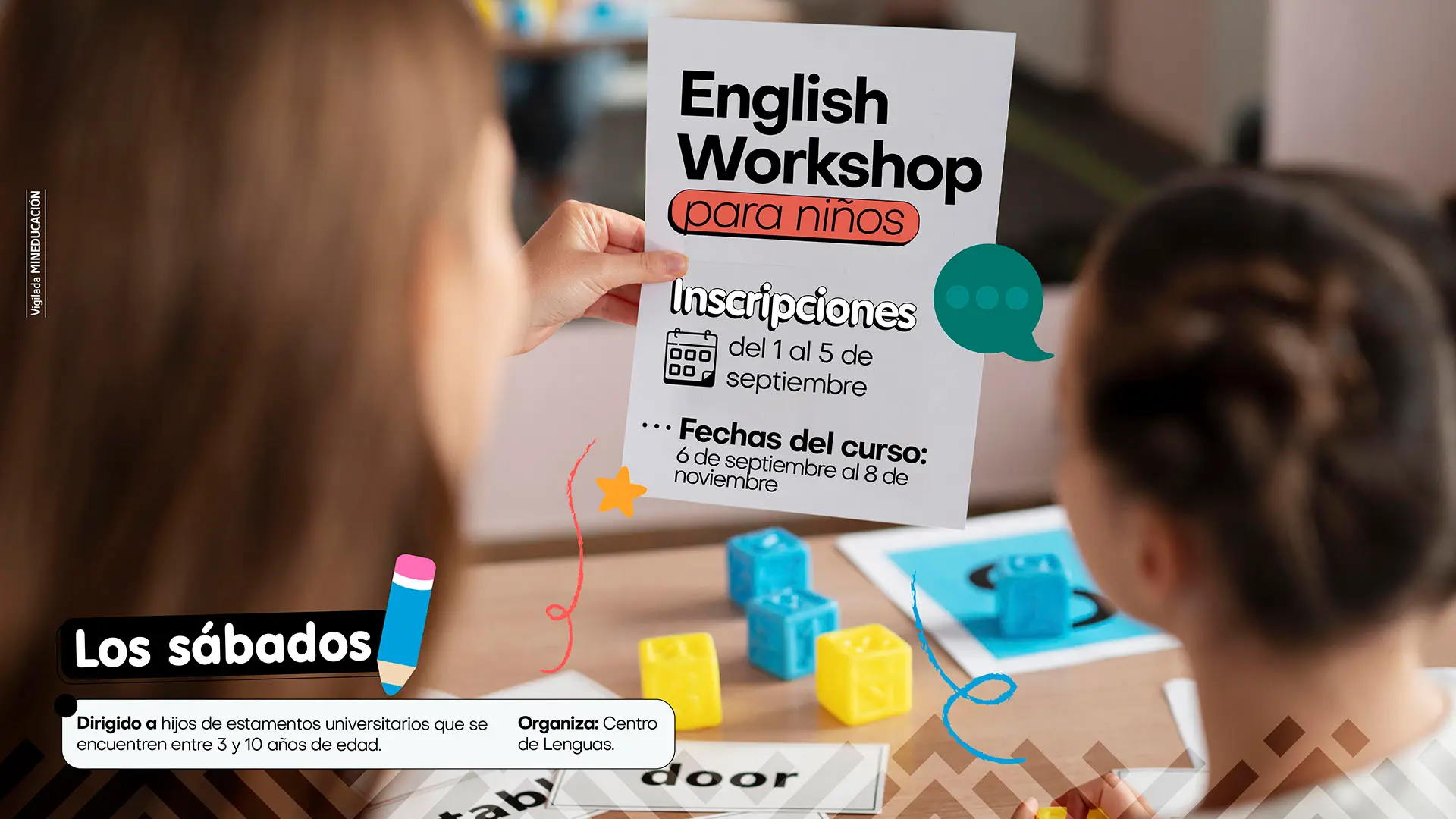 Banner de English Workshop para niños, incluye datos generales del taller, y de imagen de fondo aparece una niña observando una hoja junto a cubos de colores sobre una mesa.
