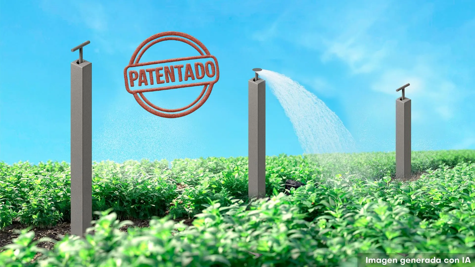 Esta imagen muestra un renderizado del Poste Modular instalado en un campo agrícola. Los postes distribuyen agua eficientemente mediante aspersores, evidenciando su funcionalidad como sistema de riego. El diseño se integra armónicamente al paisaje verde, destacando su contribución al uso sostenible del agua en procesos agrícolas, clave para enfrentar los desafíos del cambio climático y la escasez hídrica.