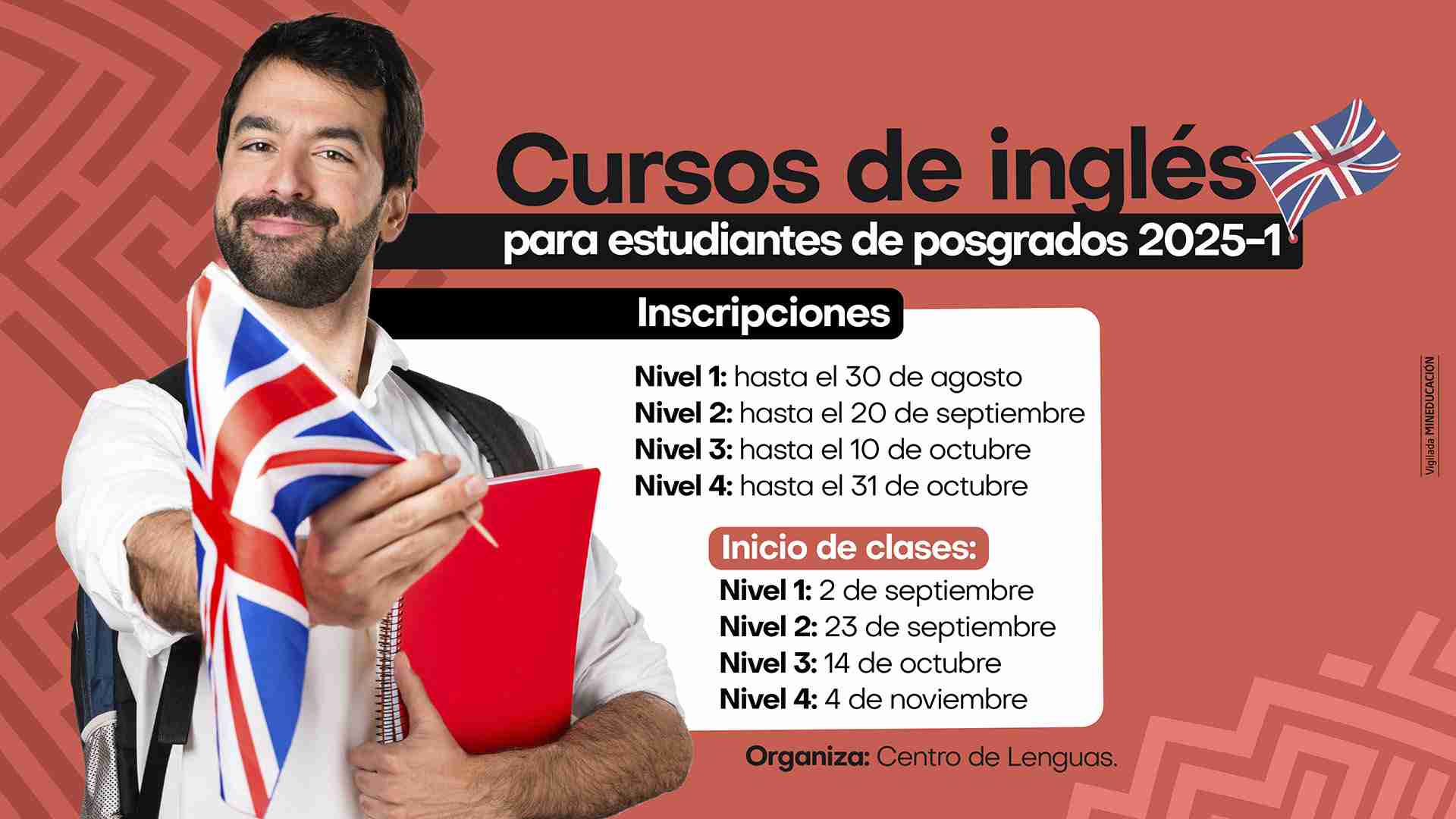 banner de los "Cursos de inglés para estudiantes de posgrados 2025- 2, Incluye un hombre sonriente que sostiene una bandera del Reino Unido y un cuaderno rojo. En el mismo se detallan las fechas de inscripción y de inicio de clases para cada nivel.