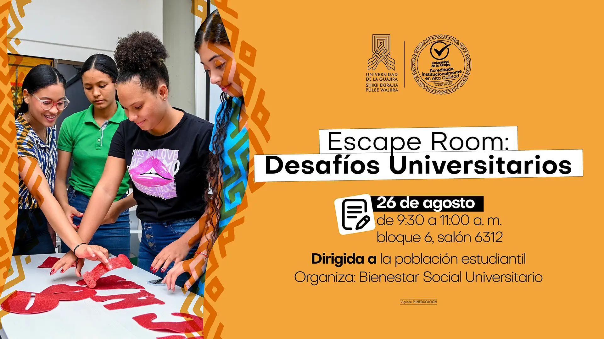 Afiche que promociona el evento Escape Room: Desafíos Universitarios, dirigido a estudiantes el 26 de agosto, organizado por Bienestar Social Universitario.