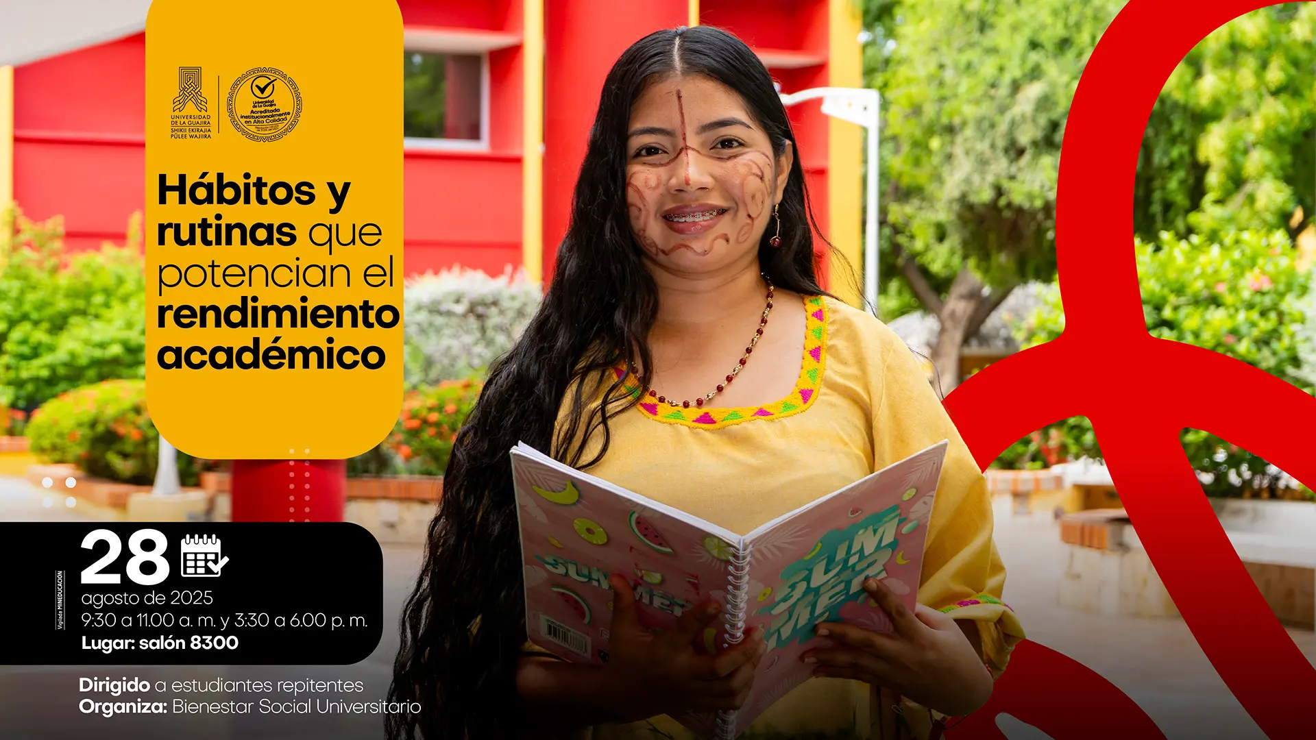 Banner publicitario que promociona el evento Hábitos y rutinas que potencian el rendimiento académico, el 28 de agosto de 2025, organizado por Bienestar Social Universitario.