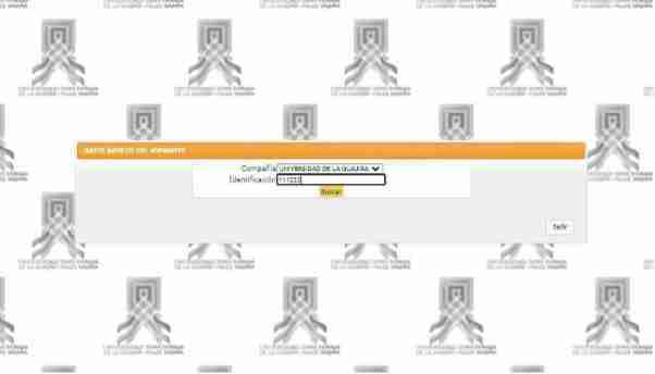 Pantallazo de la plataforma de Uniguajira que muestra un formulario para ingresar datos básicos del aspirante, con campos de compañía, identificación y un botón de búsqueda. Pantallazo de la plataforma de Uniguajira que muestra un formulario para ingresar datos básicos del aspirante, con campos de compañía, identificación y un botón de búsqueda.