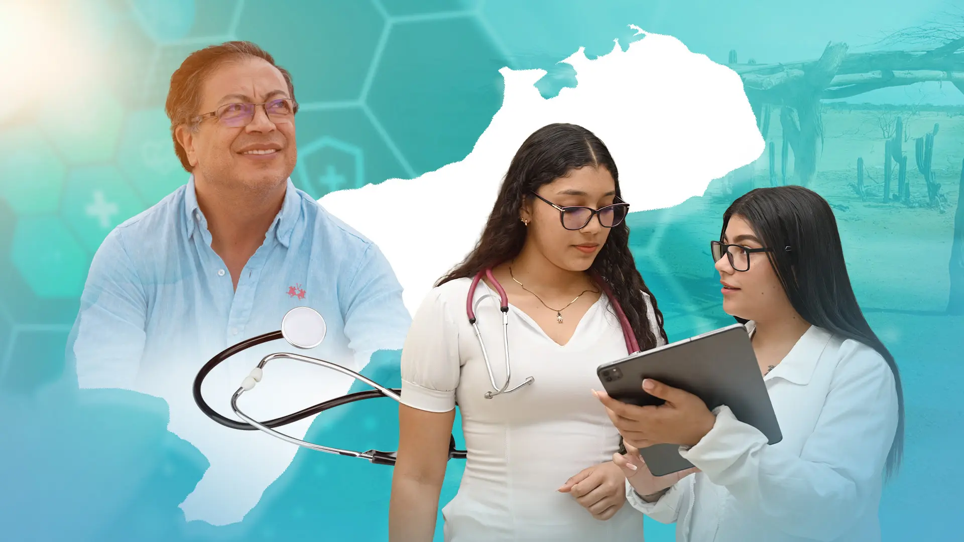 Composición gráfica con fondo azul que incluye la silueta del departamento de La Guajira. Dentro de ella aparecen dos estudiantes de ciencias de la salud con uniforme blanco, una de pie con estetoscopio y otra revisando una tableta. En la parte inferior derecha se observa un hombre con gafas y camisa azul clara sonriendo, sobre un fondo difuminado de paisajes desérticos y casas tradicionales de la región.