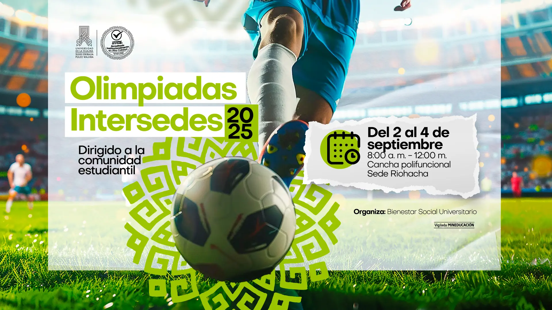 Banner promocional de las Olimpiadas Intersedes 2025. El diseño muestra a un futbolista en acción pateando un balón en un estadio iluminado.