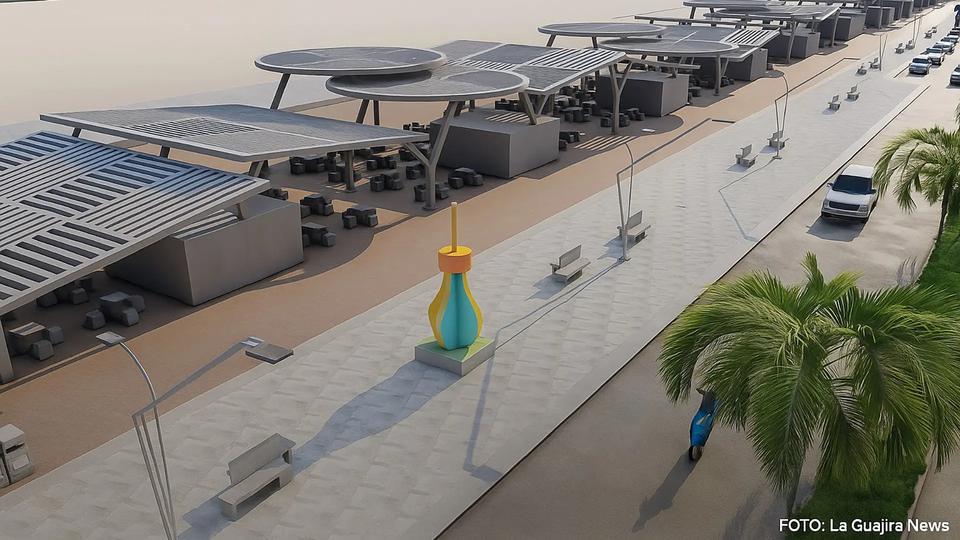 Render arquitectónico del nuevo malecón de Riohacha, con estructuras modernas, zonas de sombra, mobiliario urbano y un colorido monumento central.