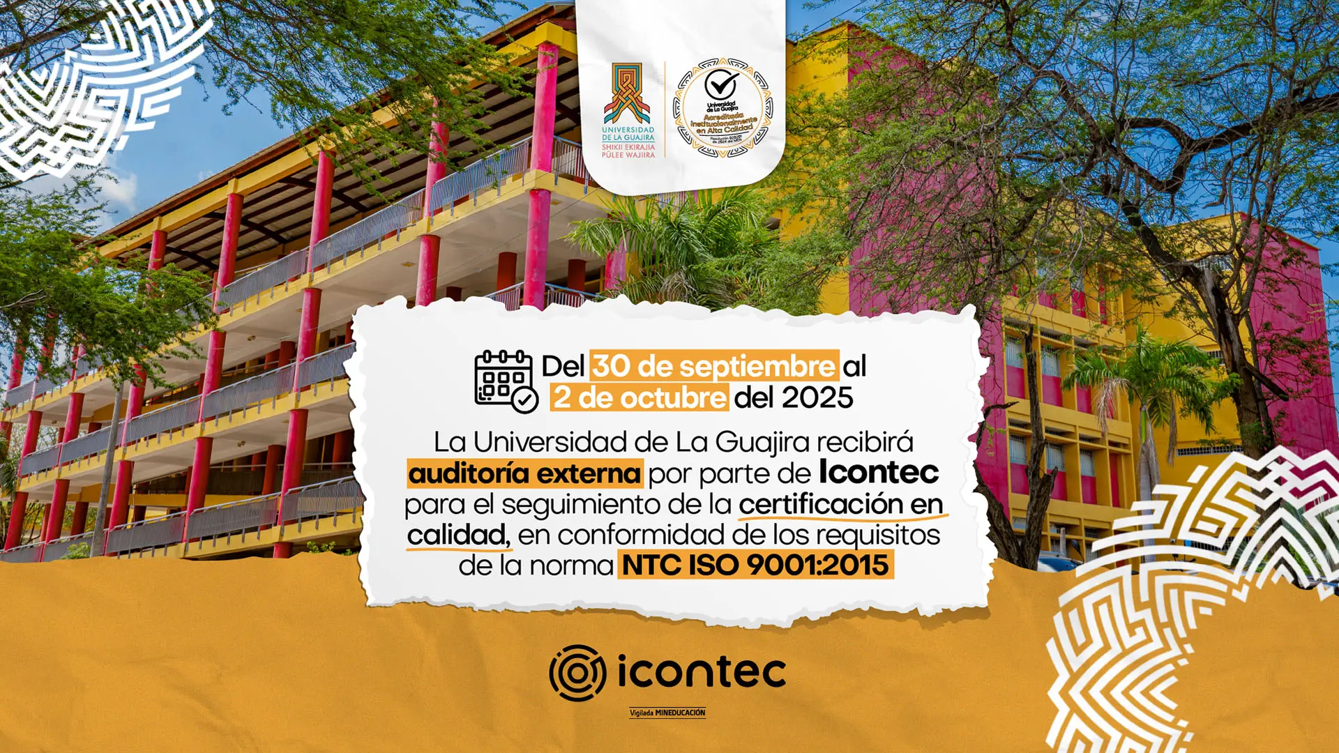 Anuncio de la Universidad de La Guajira sobre la auditoría externa de Icontec.