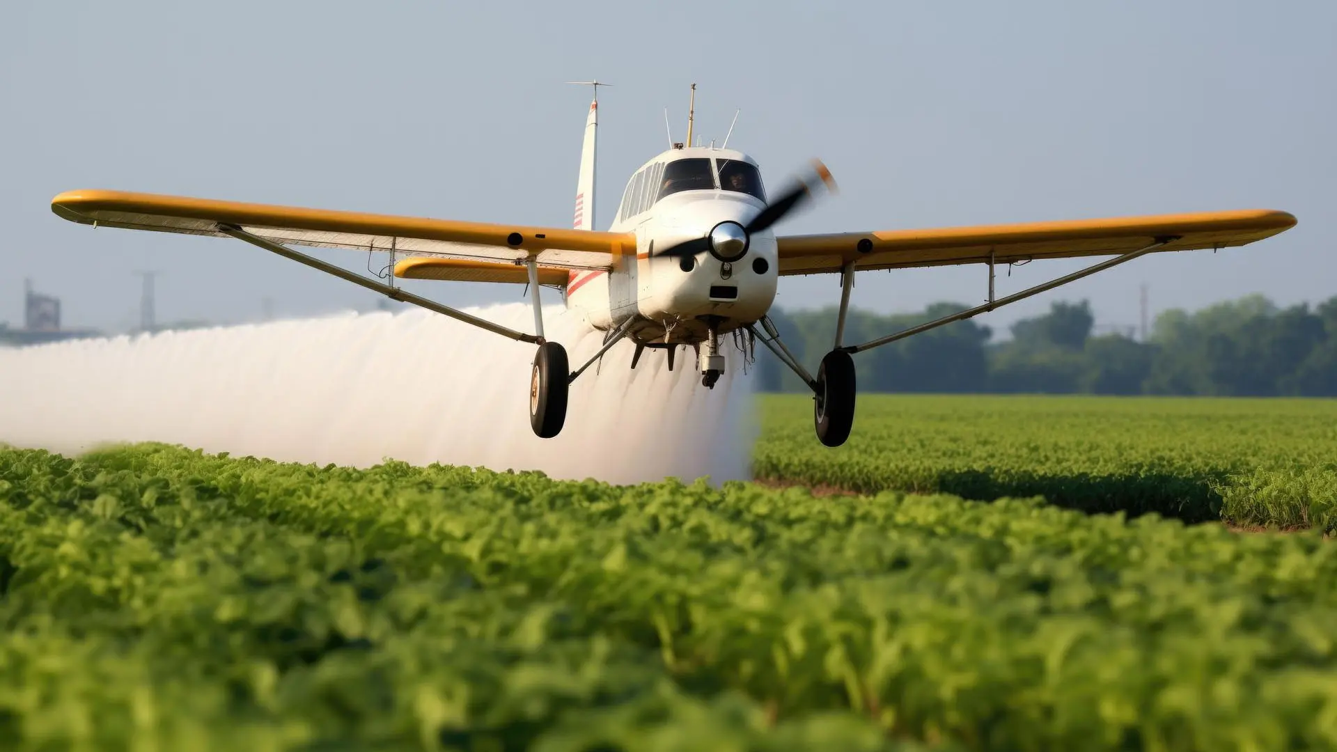 Avión agrícola en pleno vuelo bajo, esparciendo fumigación sobre un extenso cultivo verde en campo abierto durante el día