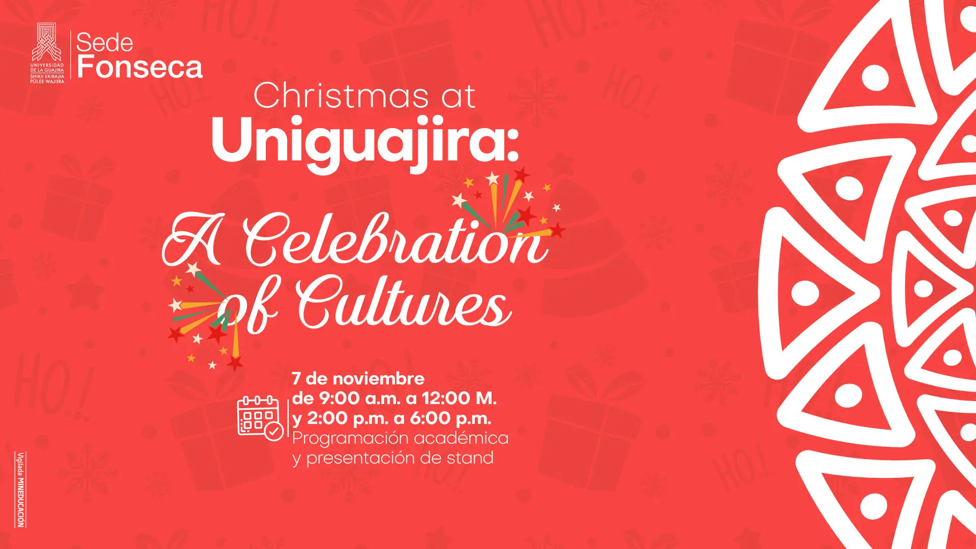 Imagen promocional del evento “Christmas at Uniguajira: A Celebration of Cultures”. El fondo es rojo con íconos navideños y un diseño blanco alusivo a un árbol en el lado derecho.