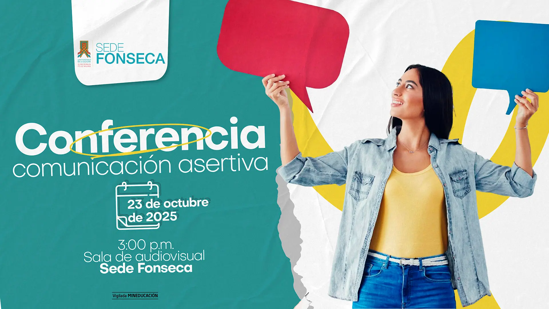 Afiche de la conferencia “Comunicación asertiva”, que se realizará el 23 de octubre de 2025 en la sala audiovisual de la Sede Fonseca.