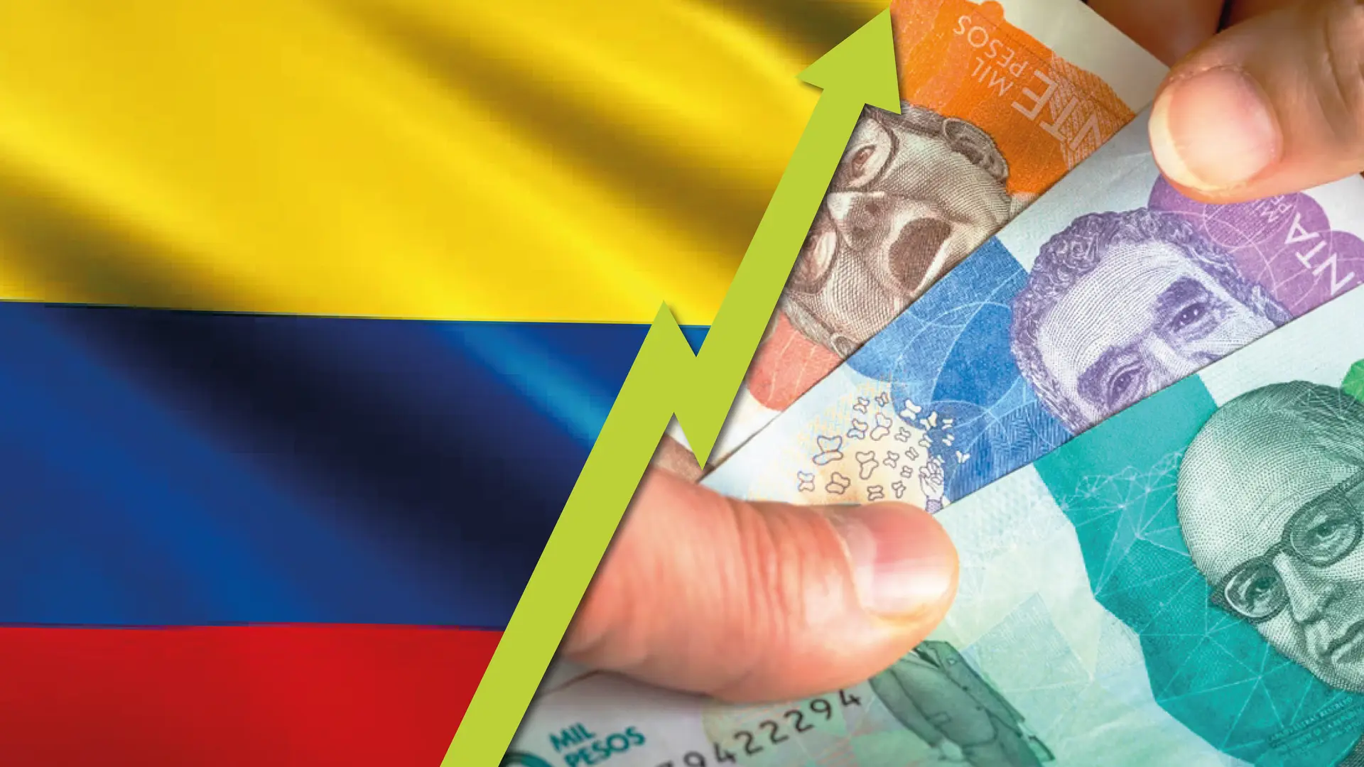 imagen de la bandera de Colombia, junto a unas manos que sostienen billetes colombianos atravesada por una flecha verde ascendente que simboliza crecimiento económico.