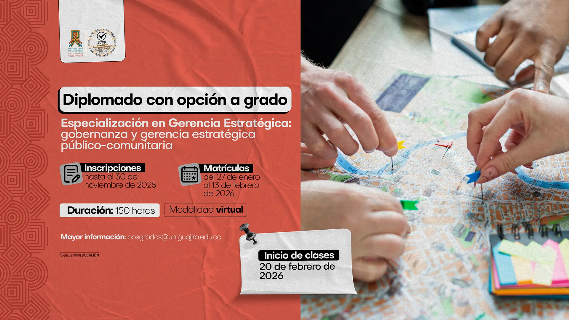Pieza gráfica de la Universidad de La Guajira que anuncia la cancelación del semestre 2025-2. A la izquierda se observa un ícono circular rojo con una X blanca; al centro, el texto Cancelación de Semestre 2025-2. A la derecha, sobre un recuadro blanco, se indica el periodo del 1 al 14 de noviembre, acompañado del ícono de calendario. Al fondo, se aprecia una edificación amarilla de la universidad bajo un cielo azul. En la parte superior izquierda están los logos institucionales, y en la parte inferior, un patrón gráfico en tonos amarillos.