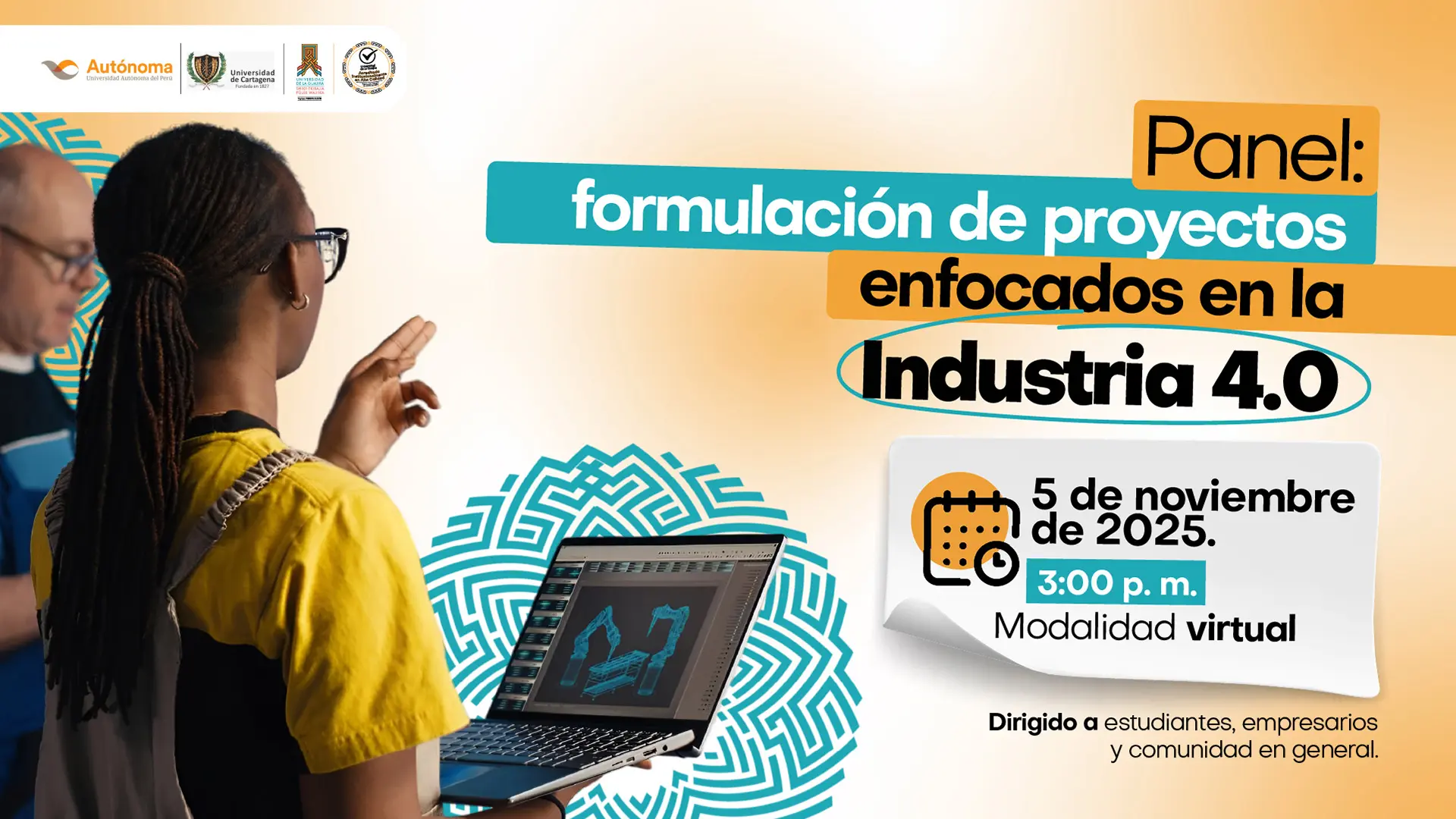 Diseño promocional del panel ‘Formulación de proyectos enfocados en la Industria 4.0’, con fecha 5 de noviembre de 2025 en modalidad virtual, acompañado de una imagen de una persona observando una computadora portátil.