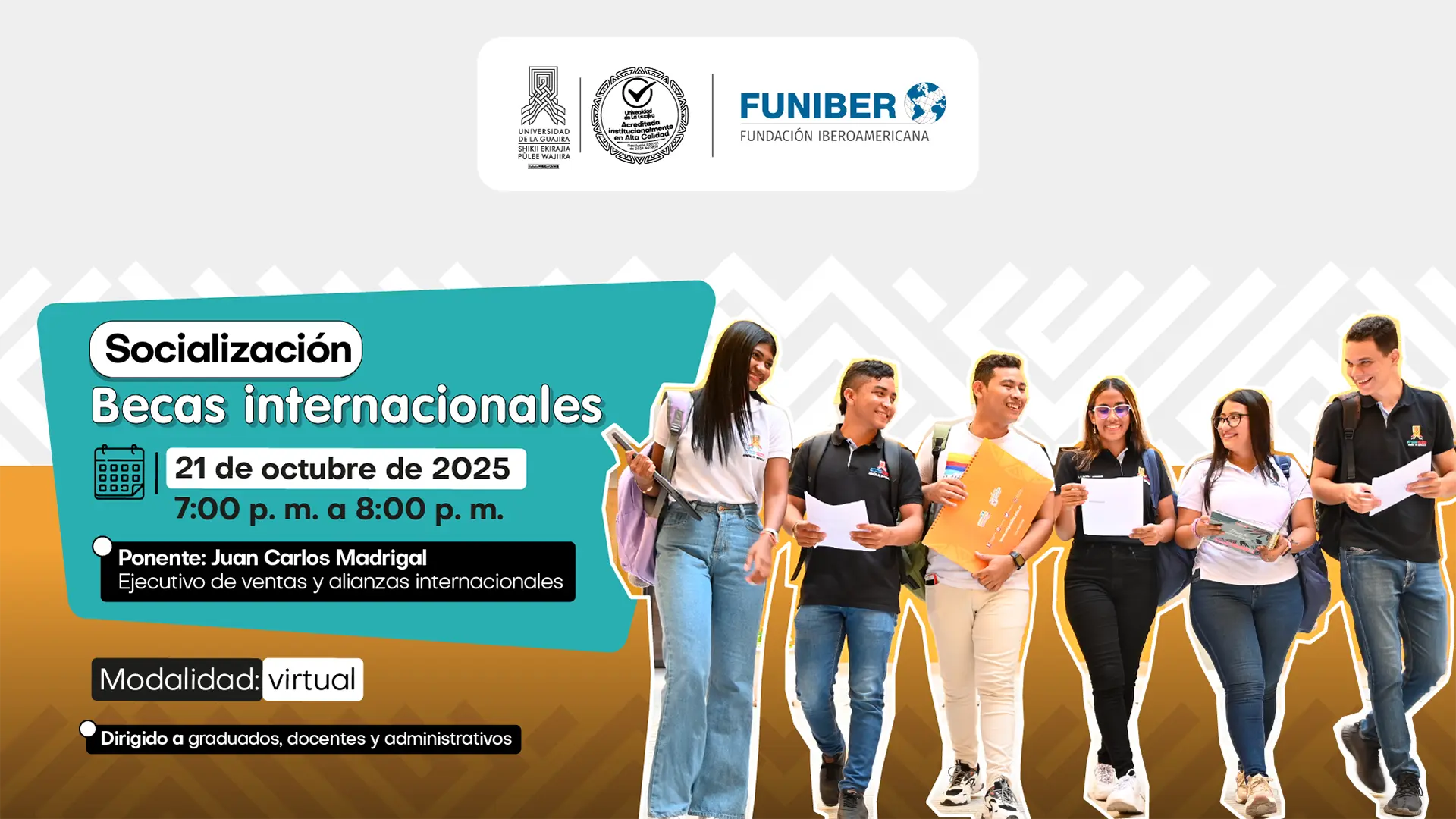 Estudiantes y docentes del programa de Trabajo Social de la Universidad de La Guajira realizan una actividad pedagógica con niños en una comunidad. En la parte superior se observan los logotipos de la Universidad de La Guajira y del programa Acreditado en Alta Calidad. El texto anuncia que el programa de Trabajo Social de las sedes Riohacha y Maicao recibirá la visita de pares académicos con fines de reacreditación en Alta Calidad del 20 al 22 de octubre de 2025.