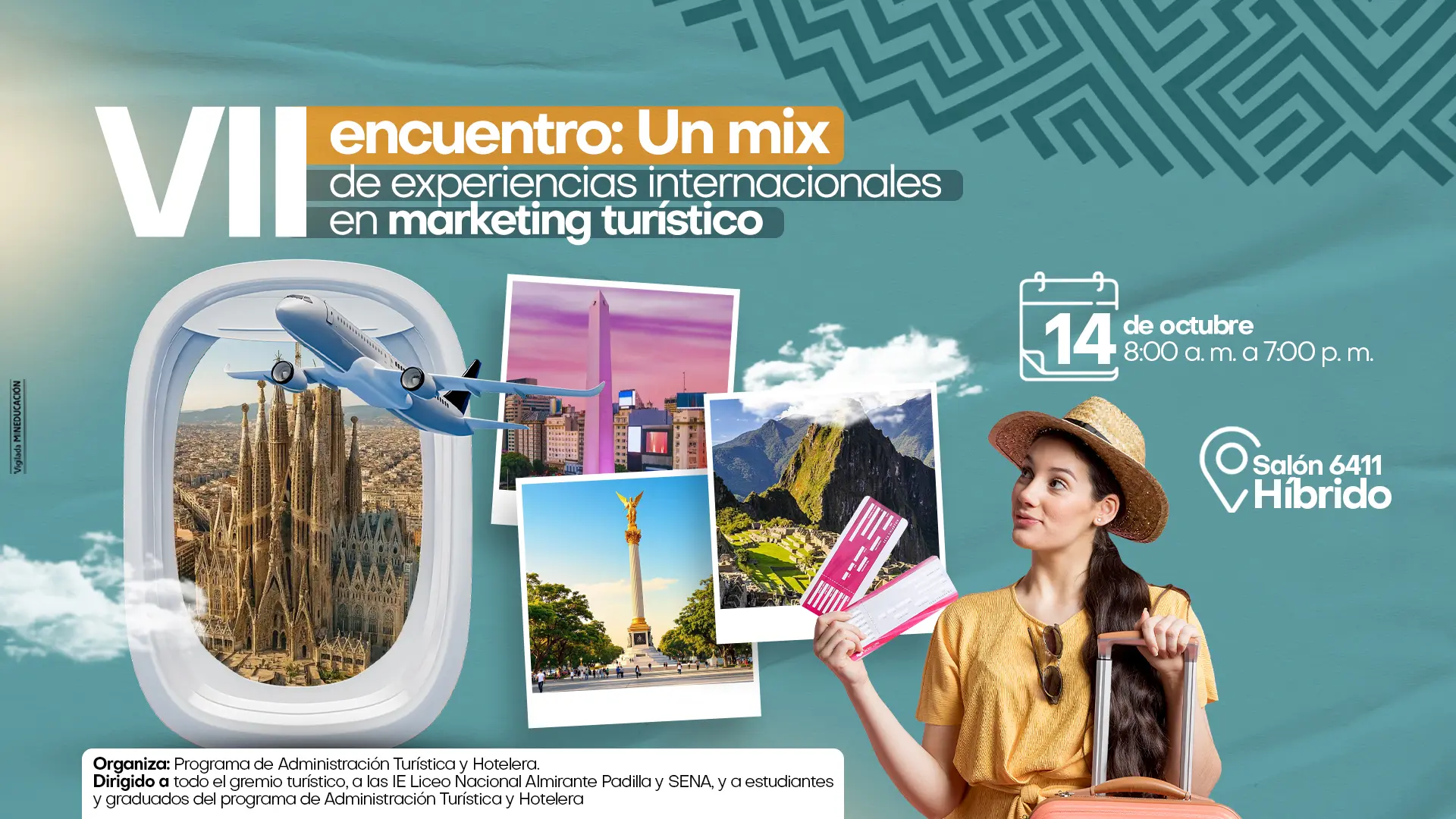 Banner promocional del VII Encuentro: Un mix de experiencias internacionales en marketing turístico, que se realizará el 14 de octubre de 8:00 a.m. a 7:00 p.m. en el salón 6411, modalidad híbrida.