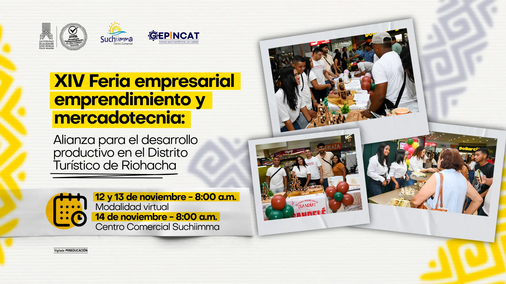 Diseño promocional de la XIV Feria Empresarial, Emprendimiento y Mercadotecnia, con información del evento y fotos de estudiantes presentando productos en stands del Centro Comercial Suchiimma