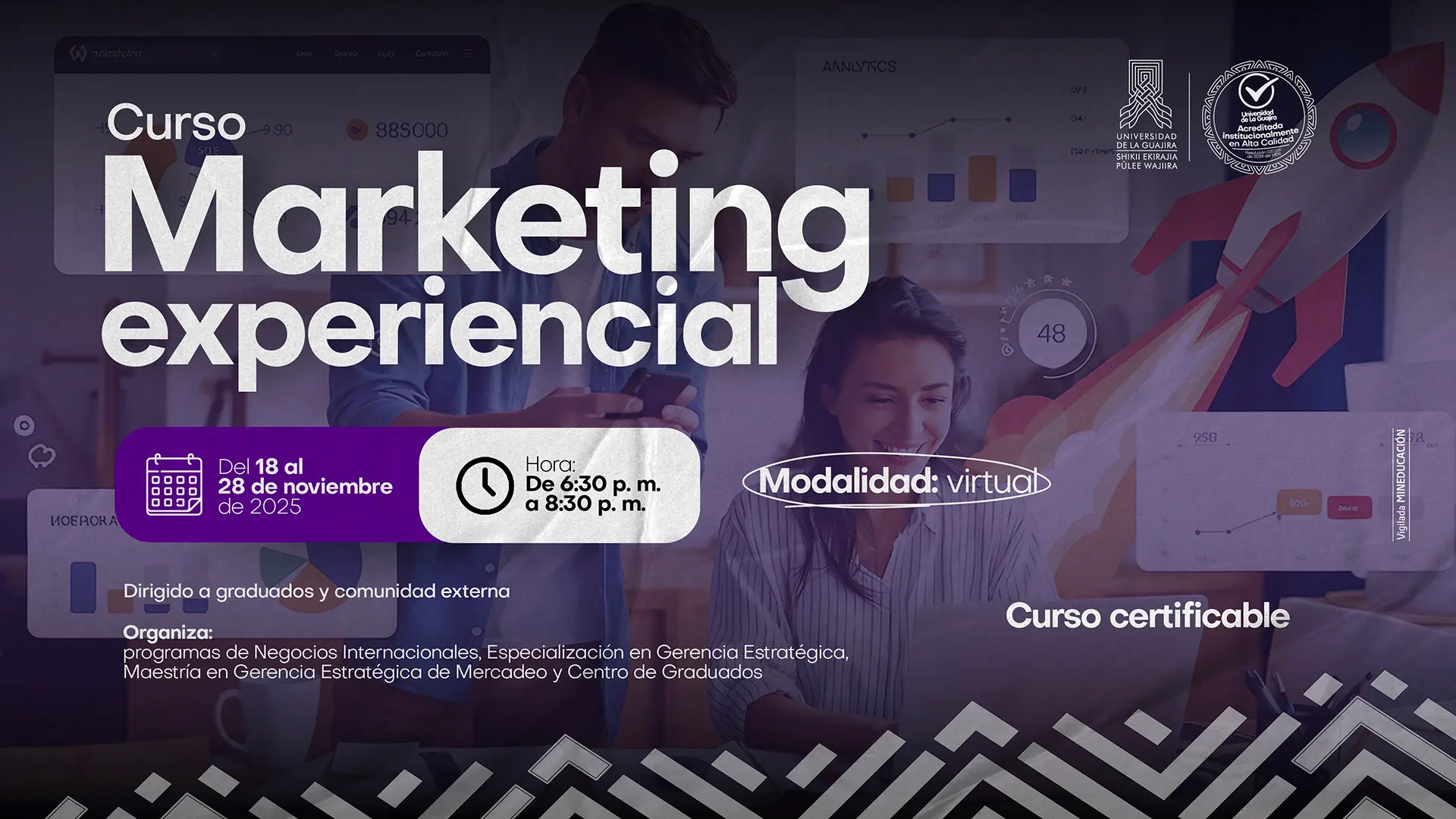 Banner promocional del curso virtual de Marketing Experiencial, con fechas del 18 al 28 de noviembre de 2025, horario de 6:30 p. m. a 8:30 p. m., e información para graduados y comunidad externa.