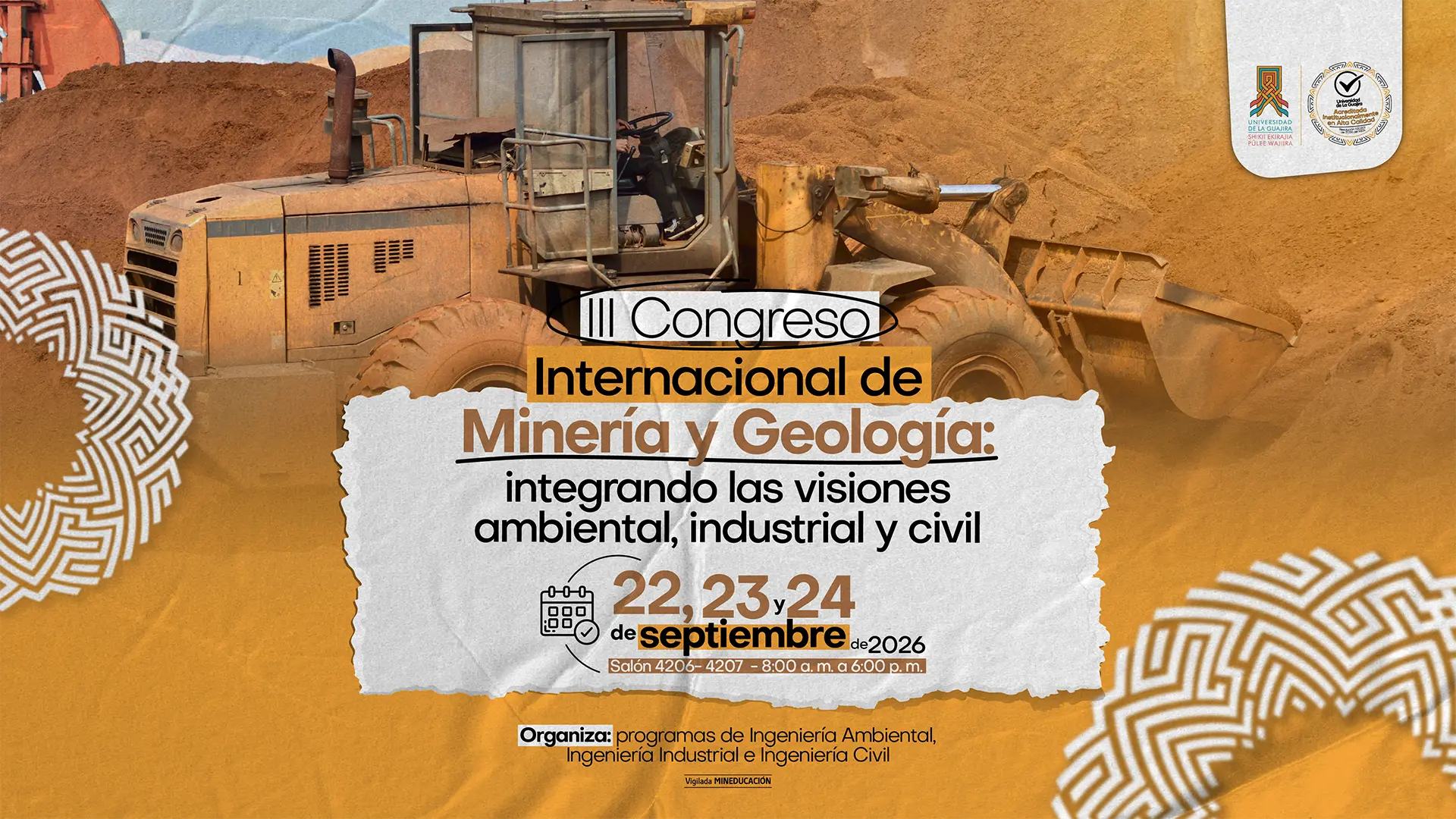 Afiche promocional del III Congreso Internacional de Minería y Geología, con una máquina excavadora sobre un terreno arenoso y la información del evento destacada al centro.
