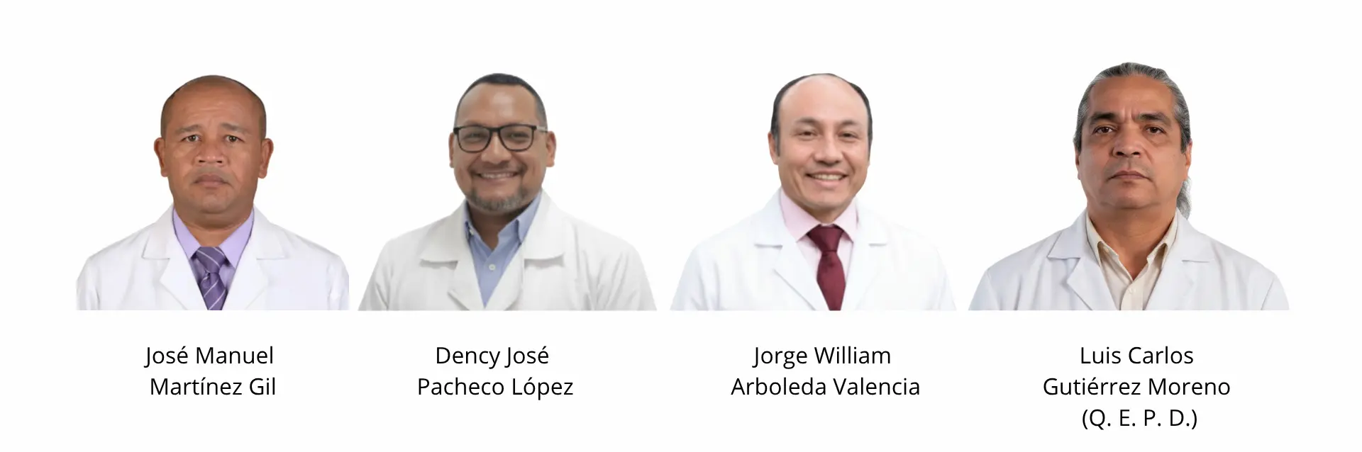 José Manuel Martínez Gil, Dency José Pacheco López, Jorge William Arboleda Valencia y Luis Carlos Gutiérrez Moreno (Q. E. P. D.), inventores de la pintura multifuncional. En la imagen aparecen los cuatro investigadores usando bata blanca, posando sobre un fondo claro.