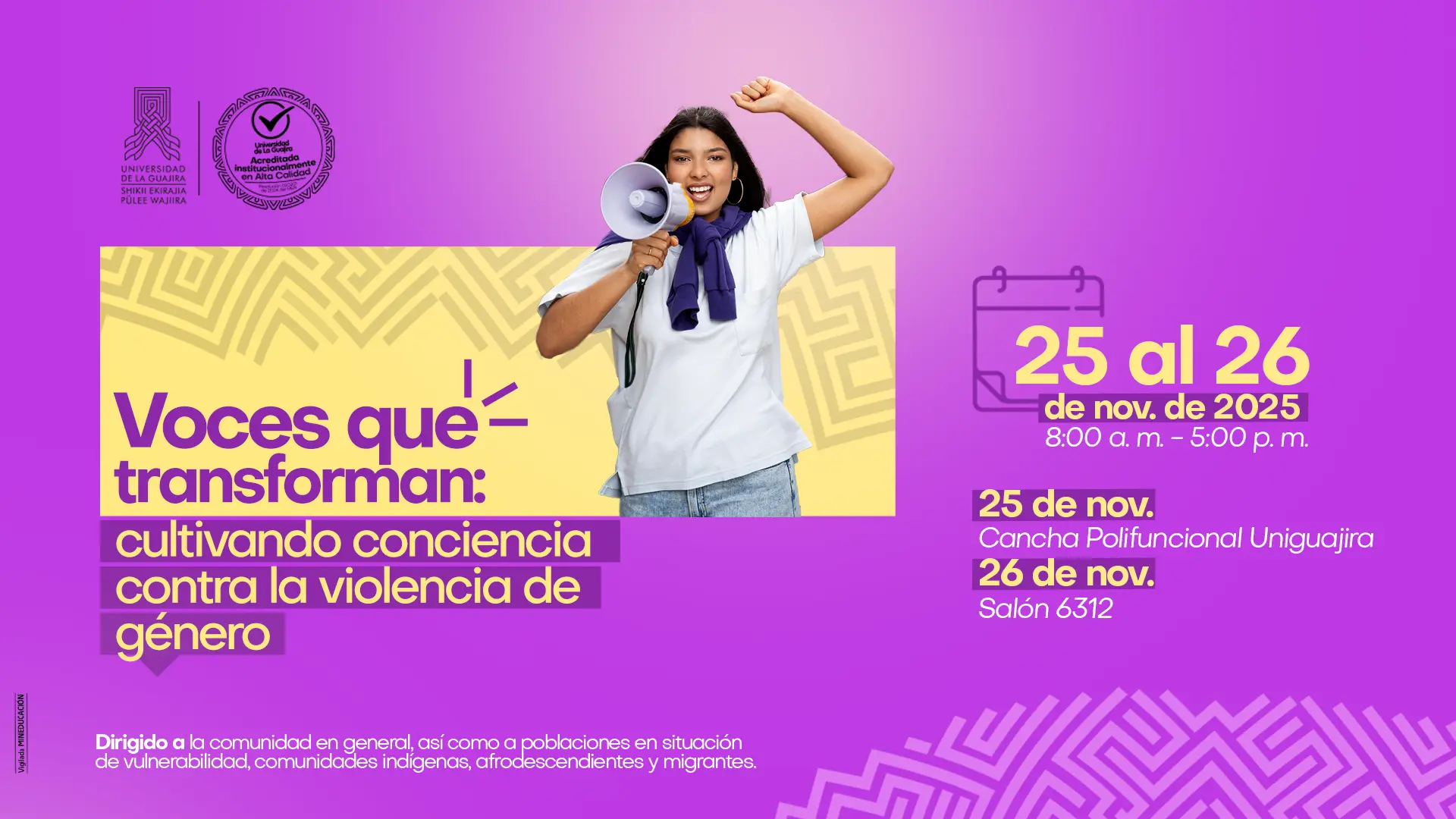 Imagen promocional del evento ‘Voces que transforman: cultivando conciencia contra la violencia de género’. En el centro aparece una joven con un megáfono y el brazo levantado en señal de empoderamiento, sobre un fondo en tonos morados y amarillos con patrones gráficos.