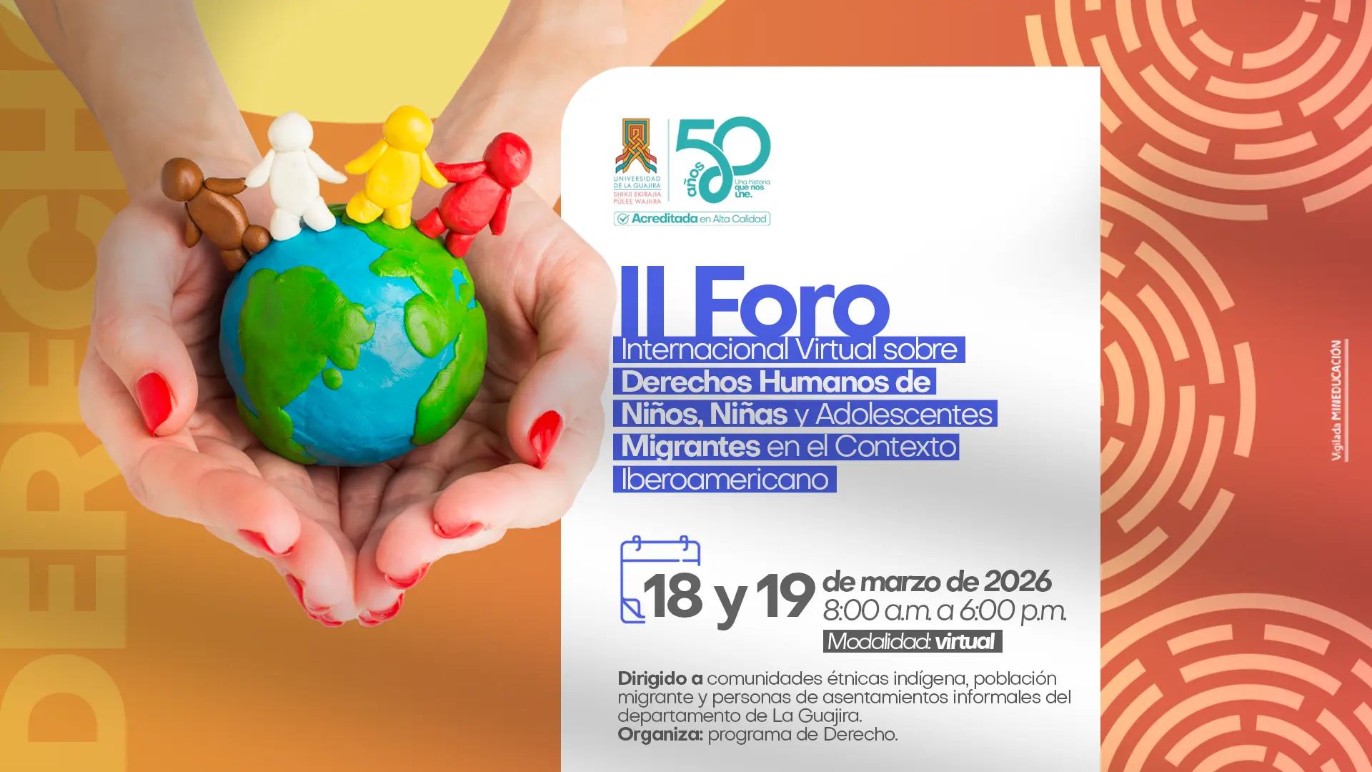 Afiche de la Universidad de La Guajira que invita al II Foro Internacional Virtual sobre Derechos Humanos de Niños, Niñas y Adolescentes Migrantes, que se realizará 18 y 19 de marzo de 2026 en modalidad virtual.