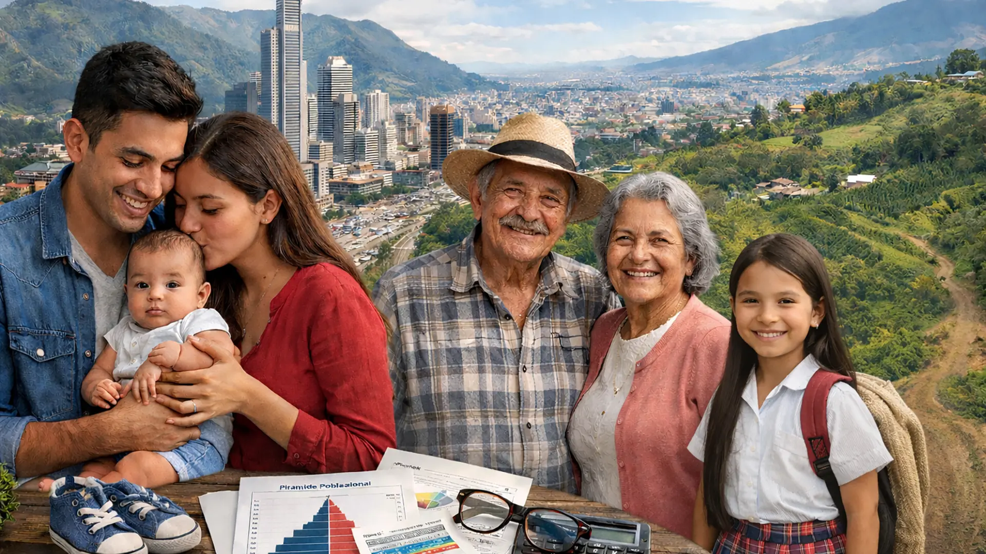 Familia multigeneracional frente a una ciudad rodeada de montañas: una pareja joven sostiene y besa a una bebé, junto a unos abuelos sonrientes y una niña con uniforme escolar. En una mesa al frente hay documentos con una pirámide poblacional, gráficos, una calculadora y gafas, sugiriendo un contexto de análisis demográfico o económico.