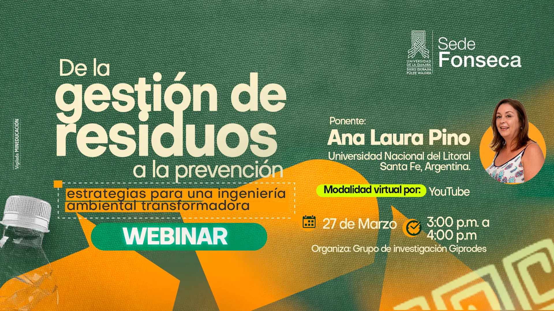Webinar sobre gestión de residuos y prevención en ingeniería ambiental, con ponencia de Ana Laura Pino, modalidad virtual por YouTube.
