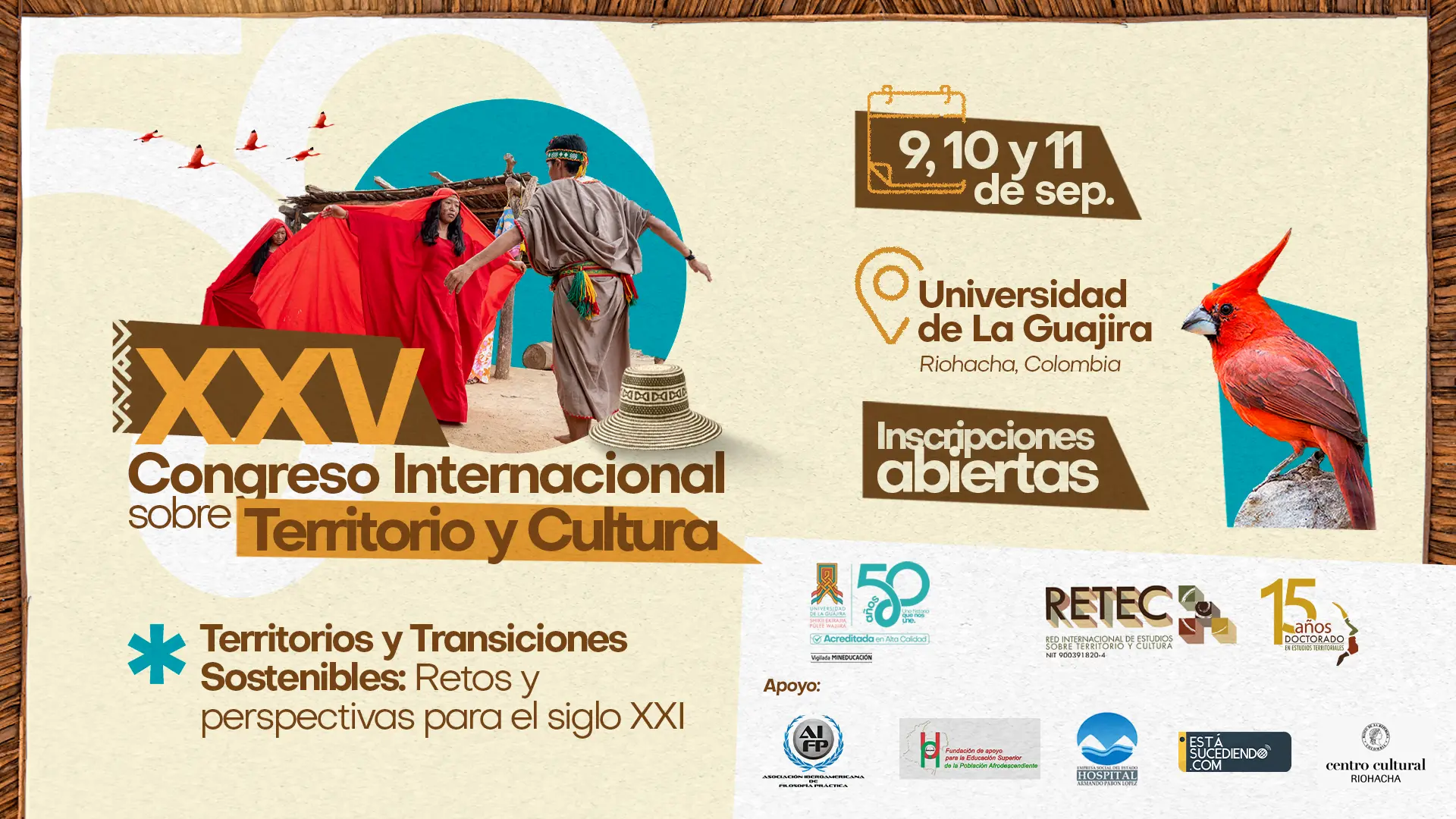 Banner del XXV Congreso Internacional sobre Territorio y Cultura, con fechas 9, 10 y 11 de septiembre en la Universidad de La Guajira, Riohacha. Incluye escena cultural con danzantes y mensaje de inscripciones abiertas.