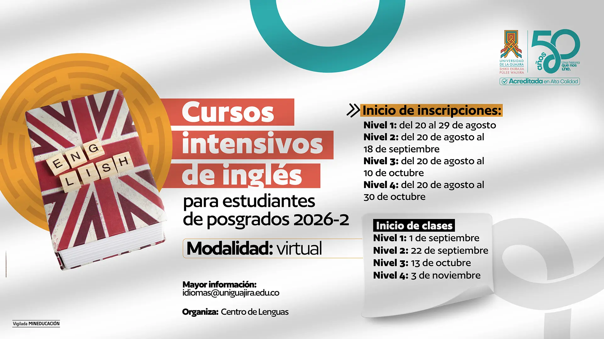 Pieza gráfica de la Universidad de La Guajira que promociona los Cursos intensivos de inglés para estudiantes de posgrados 2026-2, en modalidad virtual, organizados por el Centro de Lenguas. Incluye un libro decorado con la bandera del Reino Unido y fichas de madera que forman la palabra "ENGLISH". A la derecha se detallan las fechas de inscripción y de inicio de clases para los niveles 1 a 4, junto con el correo de contacto idiomas@uniguajira.edu.co y los logotipos institucionales de la universidad y su 50 aniversario.