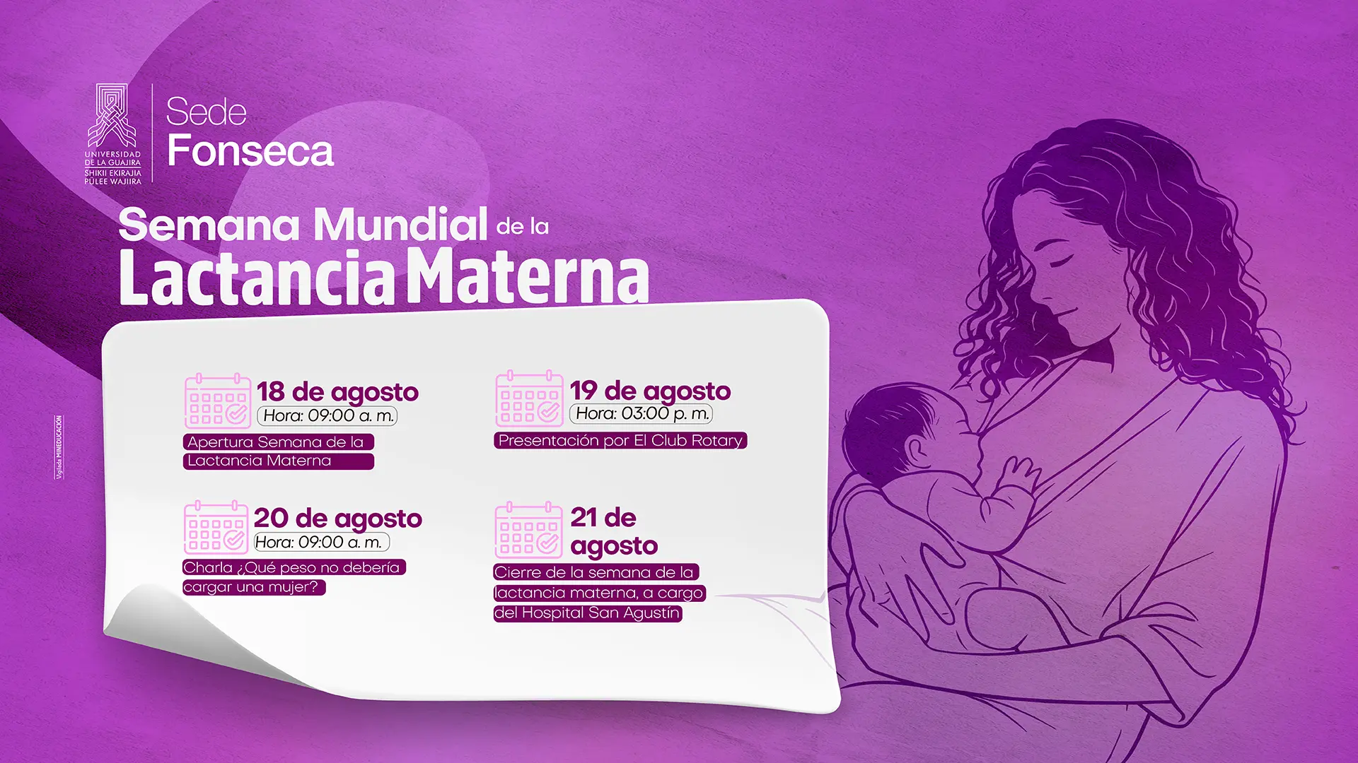 Afiche de color morado de la Universidad de La Guajira, sede Fonseca, sobre la Semana Mundial de la Lactancia Materna. A la derecha aparece una ilustración de una mujer amamantando a un bebé. En el centro se presenta el cronograma de actividades: