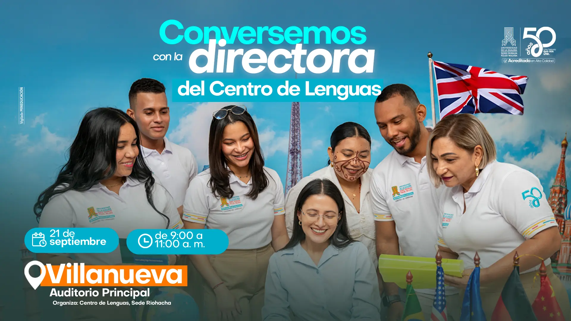La Universidad de La Guajira, a través del Centro de Lenguas de la Sede Riohacha, invita a la comunidad universitaria de la Sede Villanueva a participar en el espacio “Conversemos con la directora del Centro de Lenguas”, un encuentro pensado para acercar a estudiantes y comunidad académica a las oportunidades que ofrece el aprendizaje de idiomas. La jornada permitirá conocer de primera mano los servicios, programas y estrategias del Centro de Lenguas, así como resolver inquietudes y descubrir nuevas posibilidades para fortalecer las competencias comunicativas en otros idiomas.