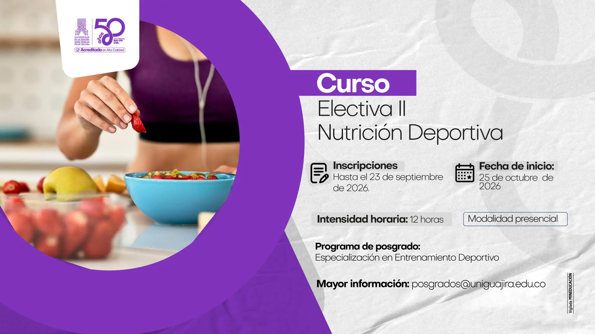 Pieza informativa del curso libre Electiva II – Nutrición Deportiva, de la Especialización en Entrenamiento Deportivo. Indica una intensidad de 12 horas, inicio de clases el 25 de septiembre de 2026 e inscripciones abiertas hasta el 23 de septiembre de 2026.