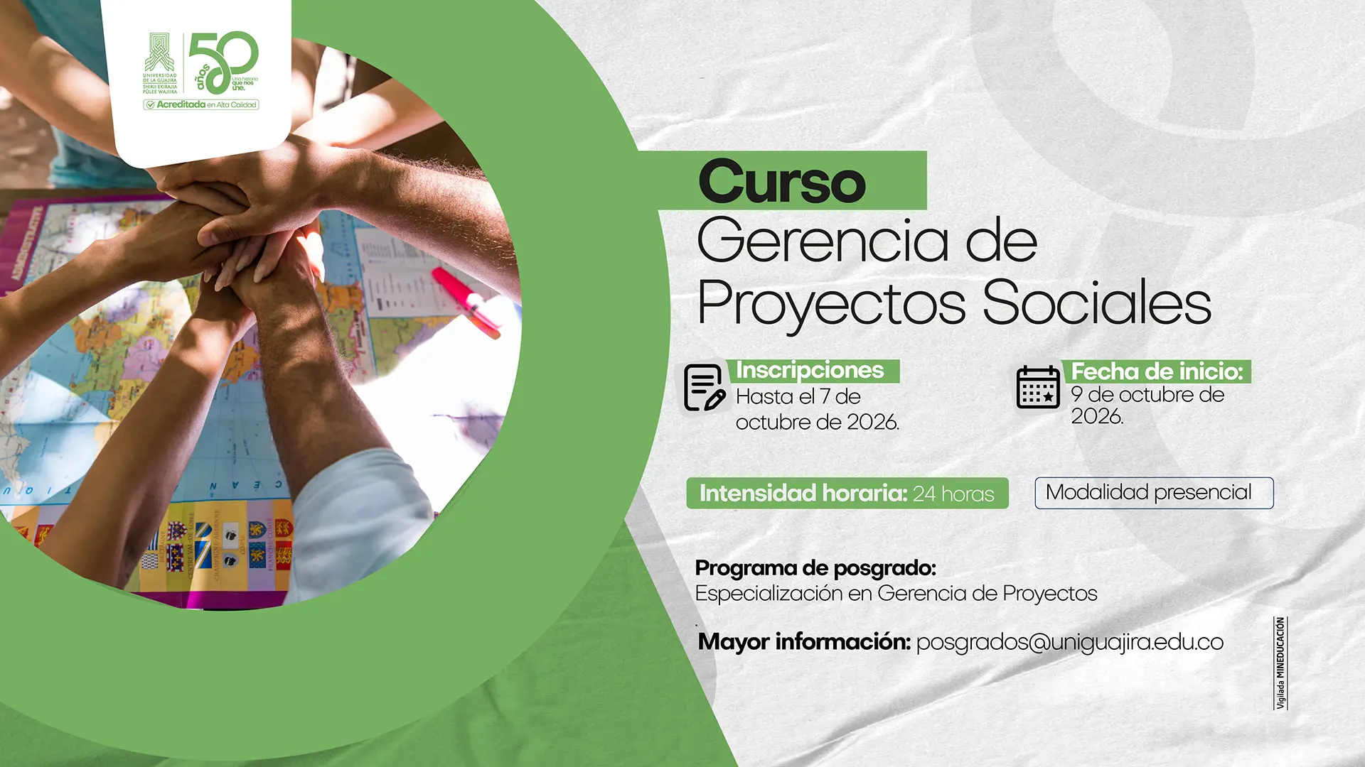 Pieza informativa del curso libre Gerencia de Proyectos Sociales, de la Especialización en Gerencia de Proyectos. Indica una intensidad de 24 horas, inscripciones hasta el 7 de octubre de 2026 e inicio de clases el 9 de octubre de 2026.